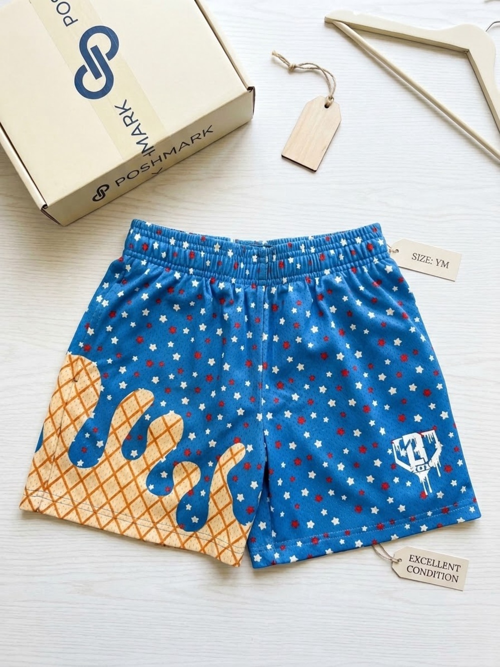 Kids Blue Star-Print Shorts with Waffle Cone Graphic